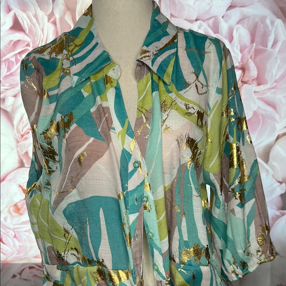 Tropical Print Blouse with Gold Accents